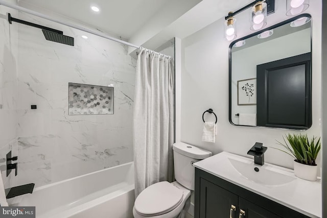 full bathroom featuring toilet, vanity, and shower / tub combo with curtain