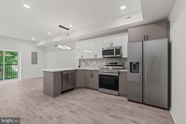 kitchen featuring pendant lighting, kitchen peninsula, white cabinetry, light wood-type flooring, and stainless steel appliances