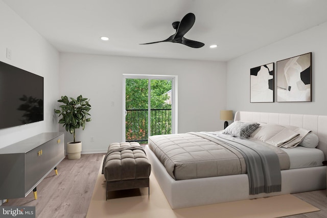 bedroom featuring ceiling fan, access to exterior, and light wood-type flooring