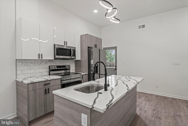 kitchen with a center island with sink, pendant lighting, sink, white cabinetry, and stainless steel appliances