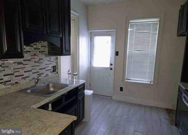 kitchen featuring light hardwood / wood-style floors, tasteful backsplash, and sink