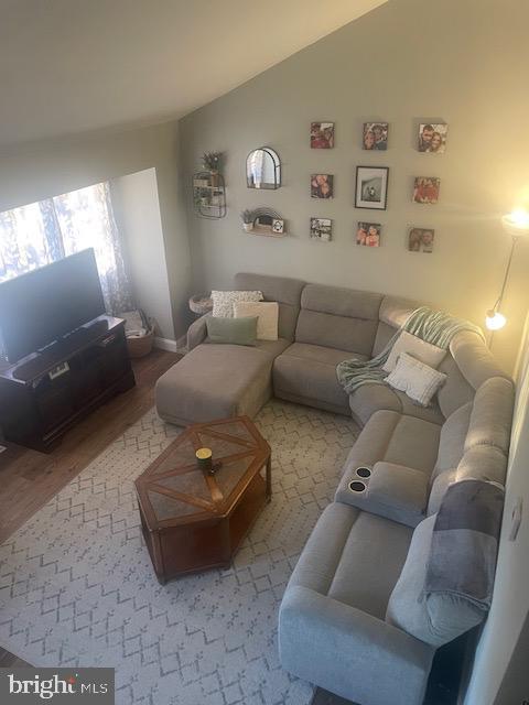 living room with lofted ceiling and hardwood / wood-style flooring