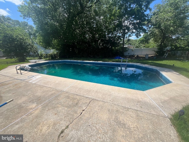 view of swimming pool with a diving board and a patio