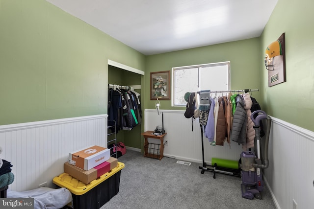 playroom featuring light colored carpet