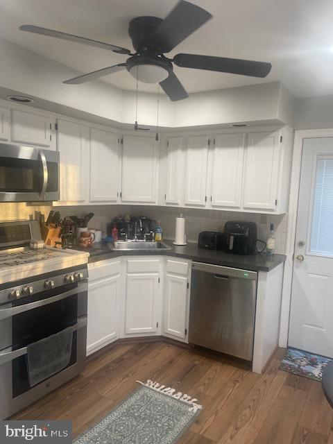 kitchen with dark hardwood / wood-style floors, stainless steel appliances, tasteful backsplash, white cabinetry, and sink