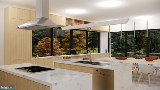 kitchen featuring dishwashing machine, a kitchen island with sink, island range hood, and sink