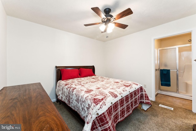 carpeted bedroom with visible vents, ceiling fan, and baseboards