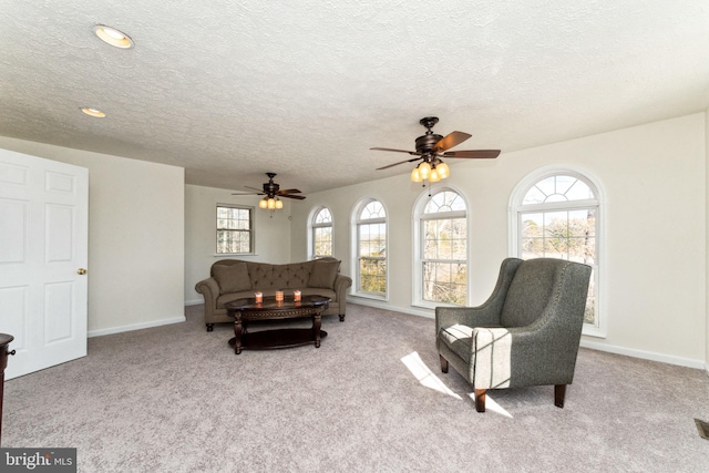 living area featuring a ceiling fan, carpet flooring, a textured ceiling, and baseboards