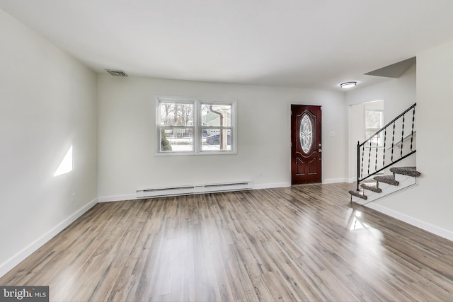 entryway with a baseboard heating unit and hardwood / wood-style flooring