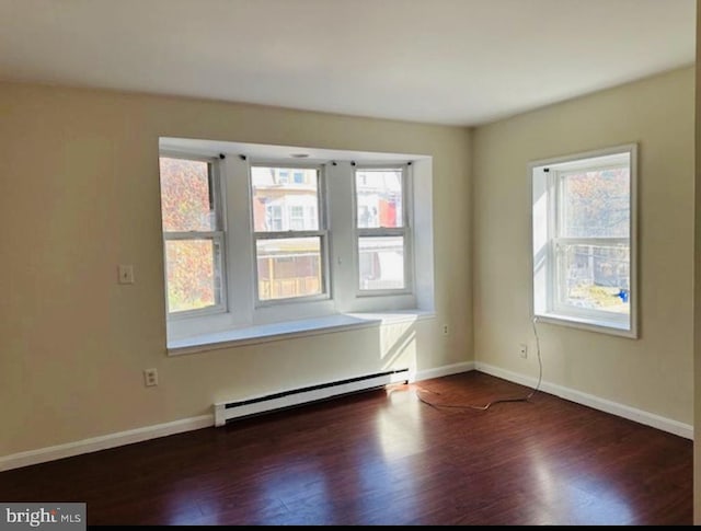 spare room with baseboard heating and dark wood-type flooring