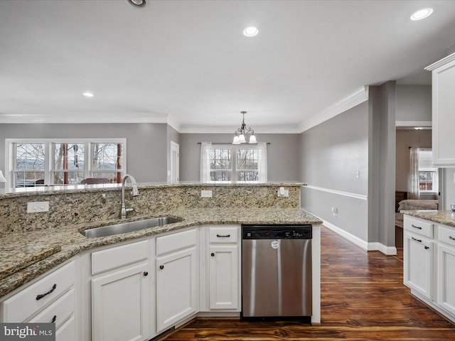 kitchen featuring dishwasher, sink, hanging light fixtures, white cabinets, and light stone counters