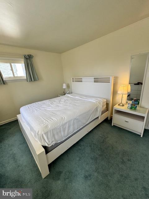 bedroom featuring dark carpet