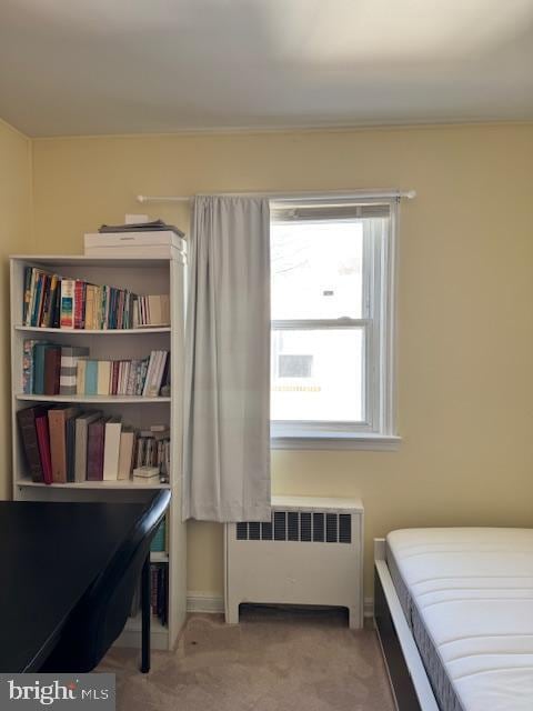 bedroom with light colored carpet and radiator