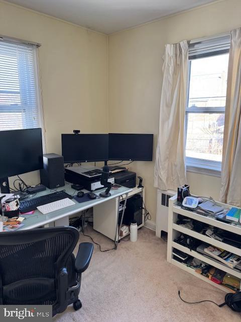 office featuring radiator and light carpet