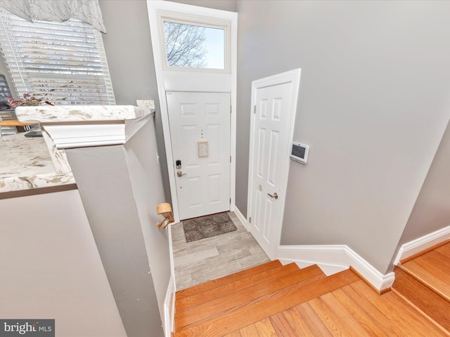 foyer entrance with light hardwood / wood-style floors and a wealth of natural light