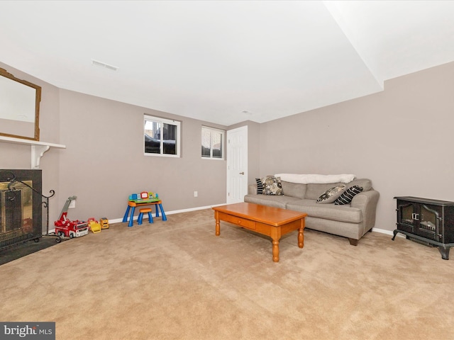 living room featuring light colored carpet