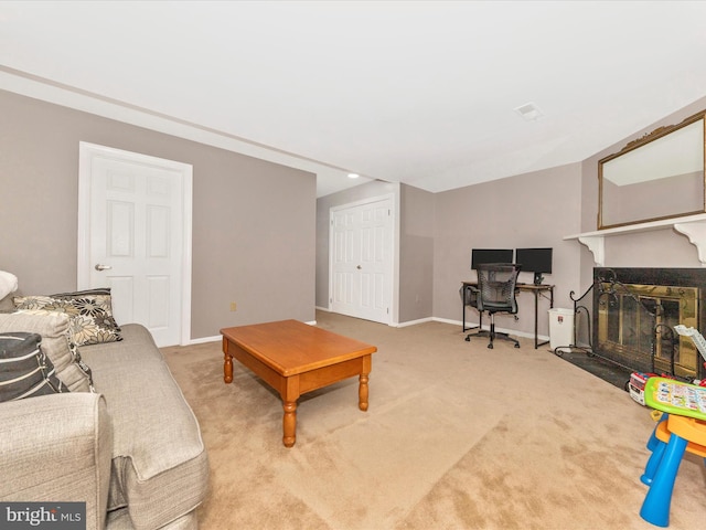 living room with light colored carpet