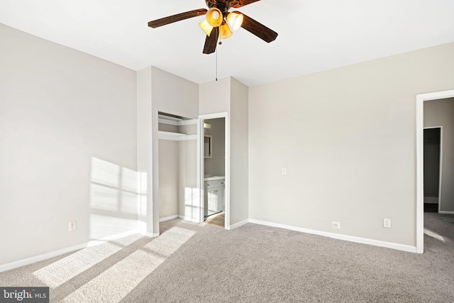 unfurnished bedroom featuring light colored carpet, ceiling fan, and a closet