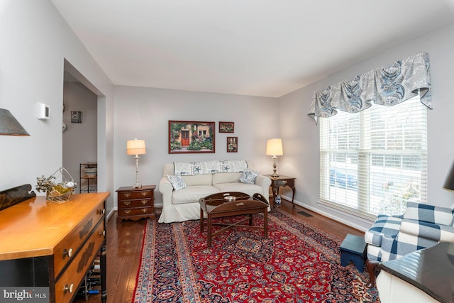 living room with dark hardwood / wood-style flooring