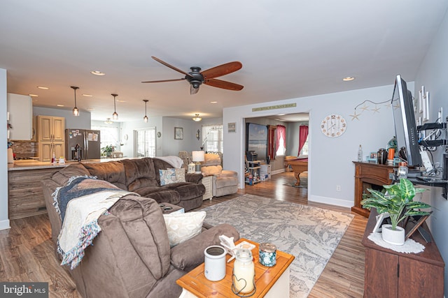 living room with wood-type flooring and ceiling fan