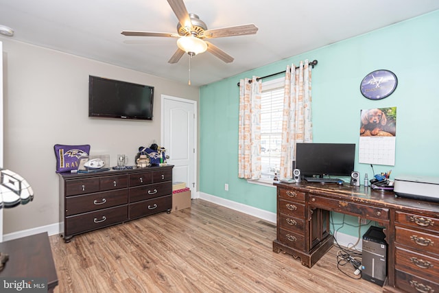 office area featuring ceiling fan and light hardwood / wood-style floors