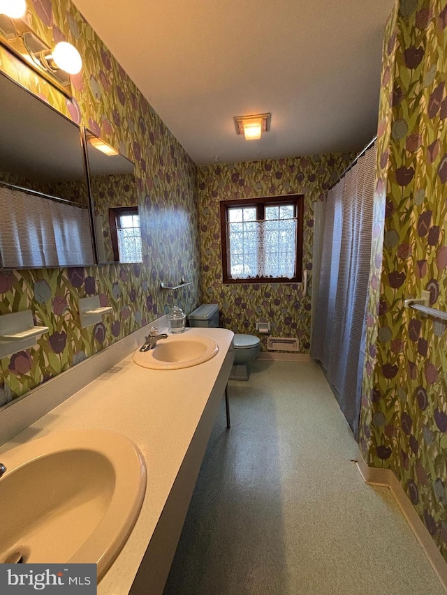 bathroom with toilet, vanity, and a wealth of natural light