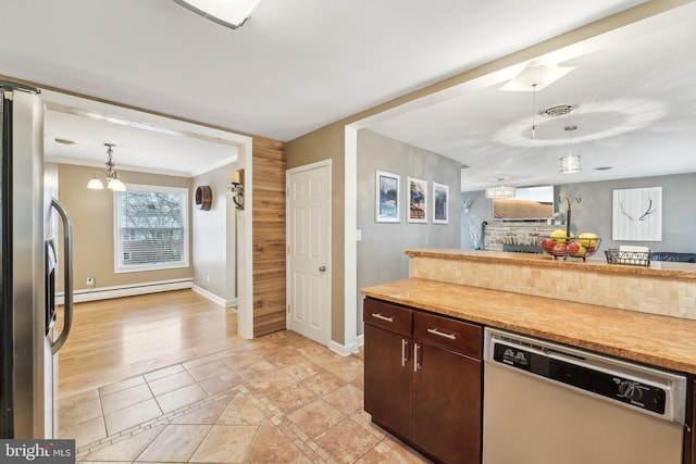 kitchen with decorative light fixtures, dishwasher, light tile patterned floors, dark brown cabinetry, and baseboard heating