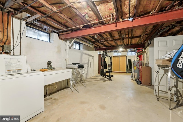 basement with washer / clothes dryer, sink, and water heater