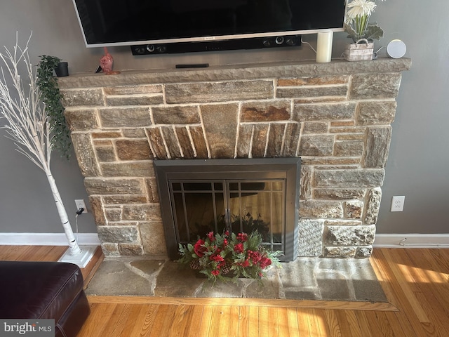 room details with a stone fireplace and wood-type flooring