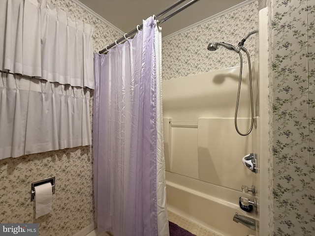 bathroom featuring shower / tub combo and crown molding