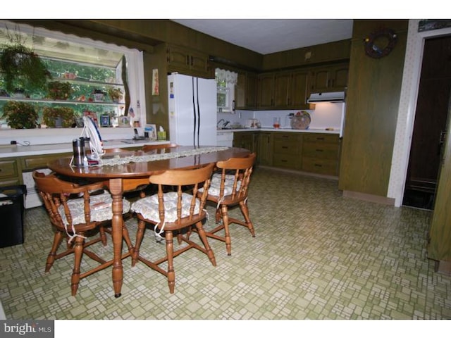 kitchen with white refrigerator and dark brown cabinetry