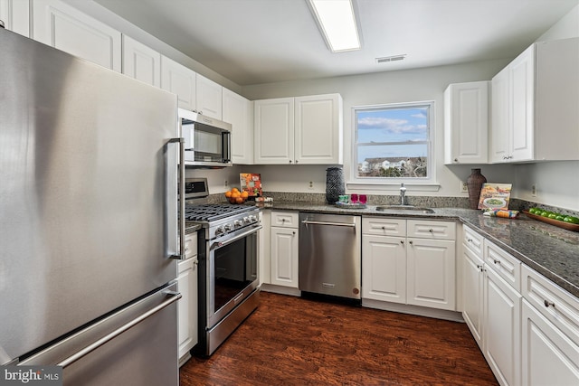 kitchen featuring sink, white cabinets, dark hardwood / wood-style floors, and stainless steel appliances