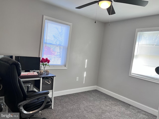 home office with carpet floors, ceiling fan, and plenty of natural light