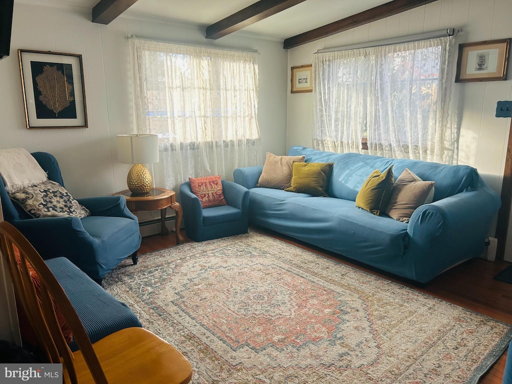 living room with hardwood / wood-style floors, baseboard heating, beam ceiling, and plenty of natural light