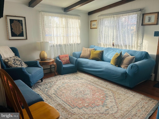 living room with hardwood / wood-style floors, baseboard heating, beam ceiling, and plenty of natural light