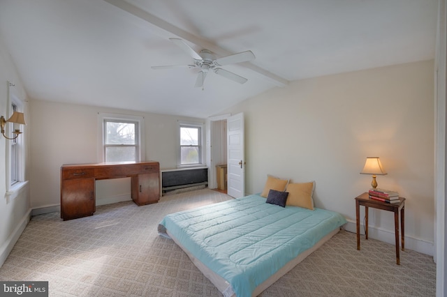 bedroom featuring light carpet, ceiling fan, and vaulted ceiling with beams