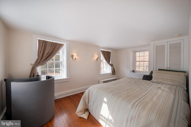 bedroom featuring wood-type flooring and multiple windows