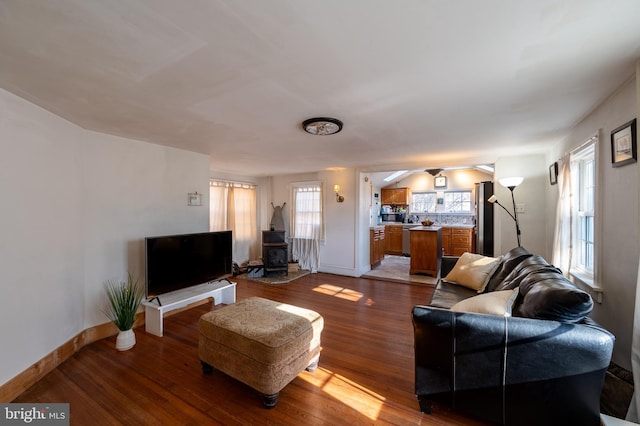 living room featuring plenty of natural light, a wood stove, and hardwood / wood-style floors