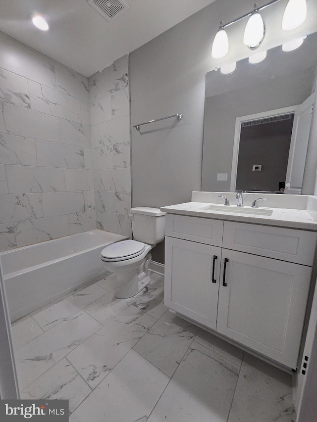 full bathroom with toilet, marble finish floor, visible vents, and vanity