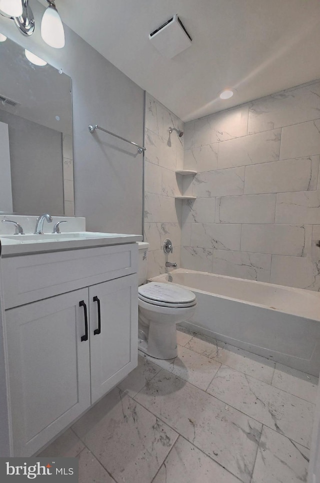 full bathroom with marble finish floor, shower / bathtub combination, visible vents, toilet, and vanity