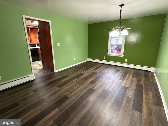 unfurnished dining area with dark wood-style floors, a chandelier, baseboards, and baseboard heating