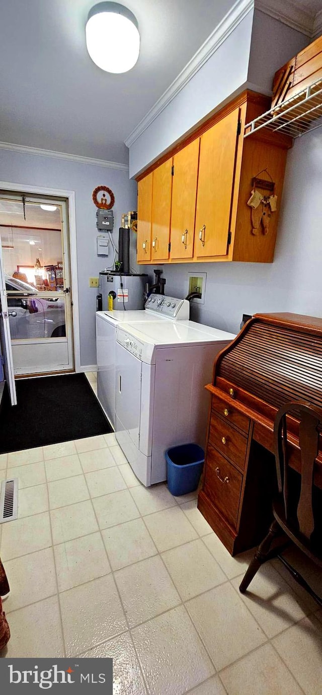 laundry room featuring visible vents, water heater, cabinet space, washer and clothes dryer, and crown molding