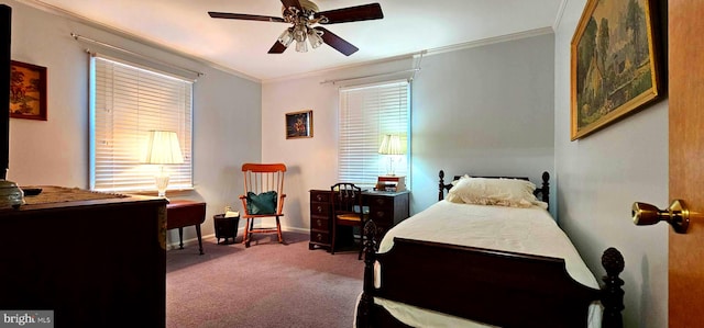 carpeted bedroom with baseboards, multiple windows, and crown molding