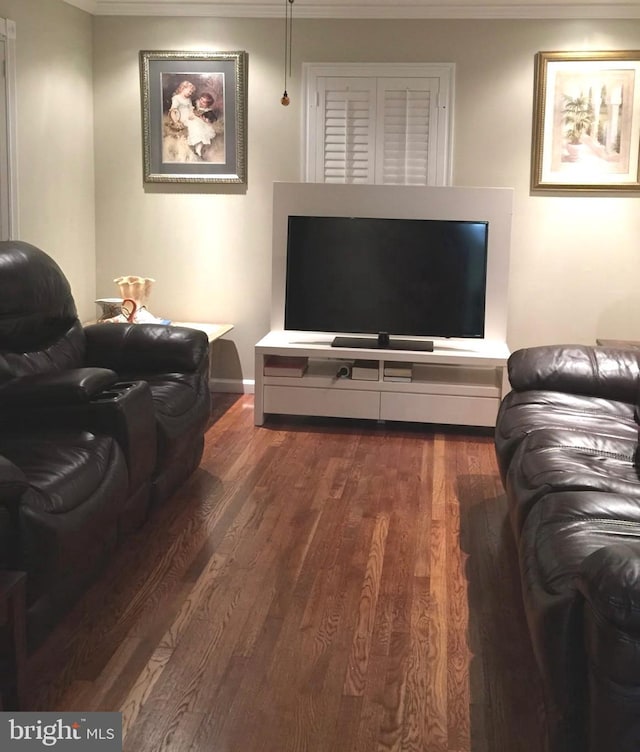 living room featuring crown molding and dark hardwood / wood-style flooring