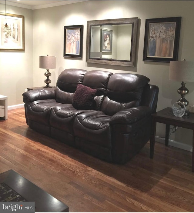 home theater room with crown molding and dark hardwood / wood-style floors