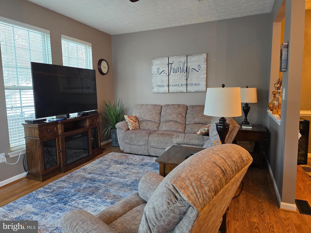 living room with a textured ceiling, a wealth of natural light, and hardwood / wood-style flooring