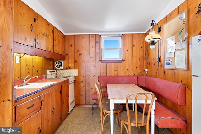 dining space featuring sink and wood walls