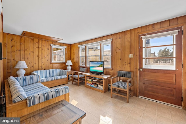 living room with wood walls