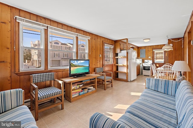 living room featuring wood walls