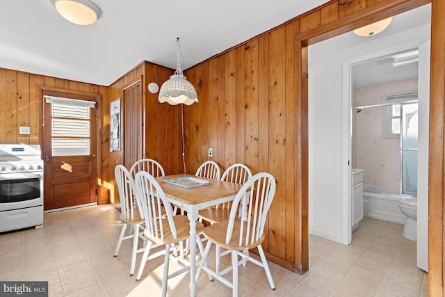 dining space with wood walls